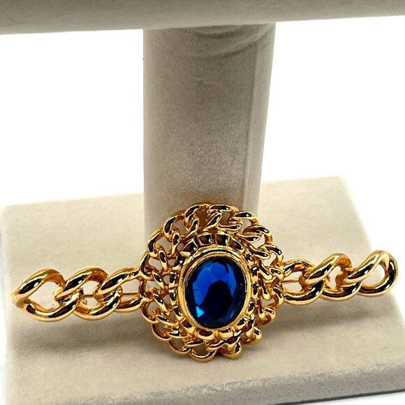 Vintage Gold-Tone & Blue Glass Jewel Chain Broach - 3 1/4 Inches Of Pure Glamour - Picture 2 of 7